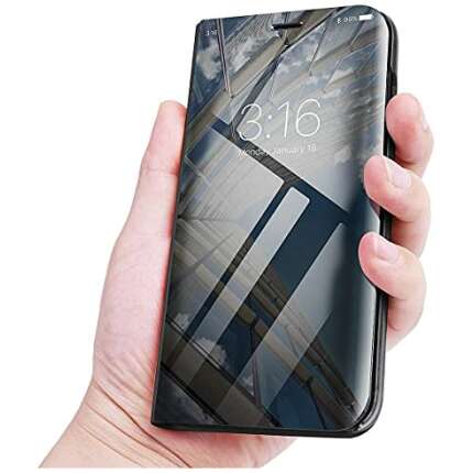AGH Clear View Standing FLIP Back Cover Shockproof Clear View 360 Degree Full Body Protection Mirror FLIP Cover for Samsung Galaxy A21S (Black)