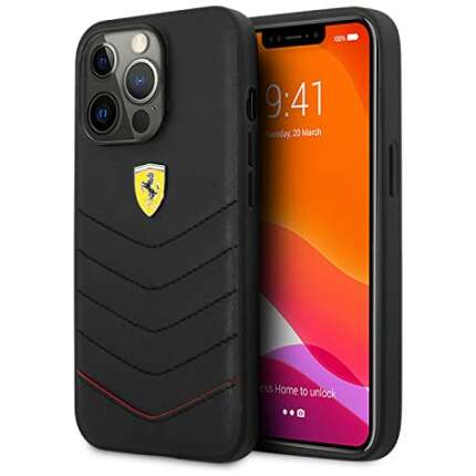 Ferrari iPhone 13 Pro Max Case [Official Licensed] by CG Mobile Leather Case Quilted & Red Edge With Metal Logo | Shock Absorption Protective Case/Cover Designed For iPhone 13 Pro Max (6.7-Inch, 2021) - Red/Black
