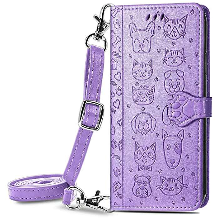 Mobile Phone Case for Samsung Galaxy S21 FE Cute Cat and Dog Embossed Horizontal Flip Leather Case with Holder & Card Slots & Wallet & Crossbody Lanyard & Card Cover Phone Accessories