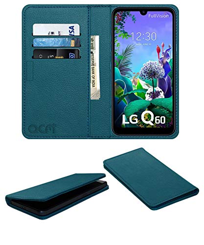 Acm Rich Leather Flip Wallet Front & Back Case Compatible with Lg Q60 Mobile Flap Magnetic Cover Turquoise