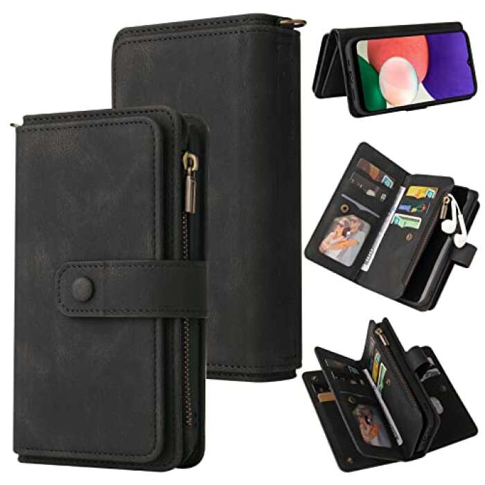 Mobile Phone Case for Samsung Galaxy A22 5G Skin Feel PU + TPU Horizontal Flip Leather Case with Holder & 15 Cards Slot & Wallet & Zipper Pocket & Lanyard Phone Accessories