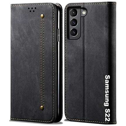 AE Mobile Accessories Denim Flip Cover for Samsung Galaxy S22 5G Case Luxury Slim Wallet Folio Case Magnetic Closure Cover (Black)
