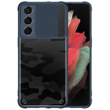 Zivite Camouflage Lens Back Cover [Military Grade Protection] Shock Proof Slim Slide Camera Lens Cover Mobile Phone Case for Samsung Galaxy S21 Ultra - Blue