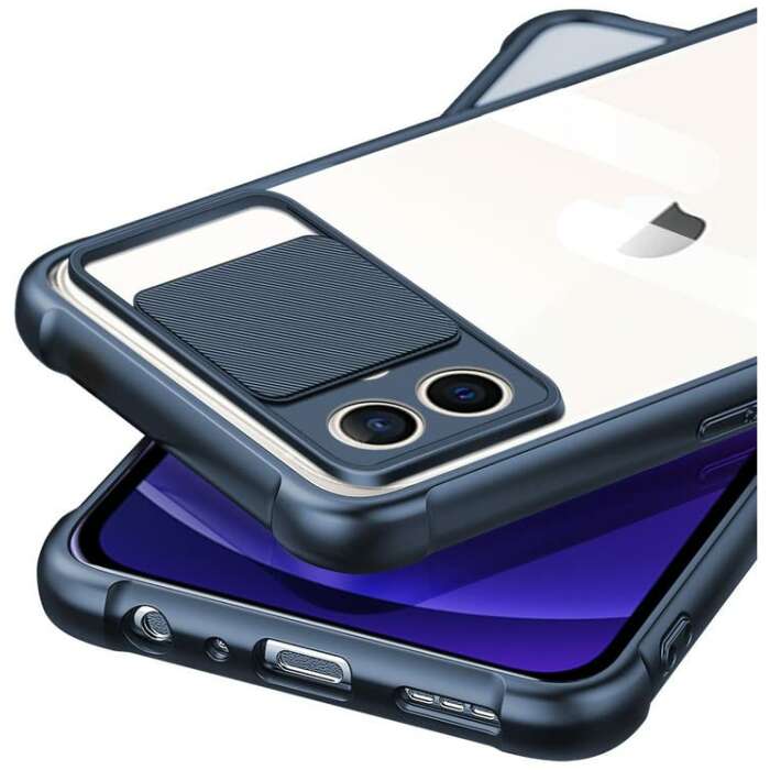 Mobirush Transparent Lens Back Cover [Military Grade Protection] Shock Proof Slim Slide Camera Lens Cover Mobile Phone Case for iPhone 12 Mini - Blue