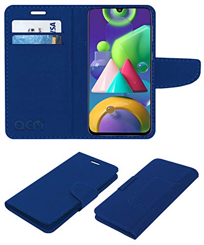 Acm Leather Flip Wallet Front & Back Case Compatible with Samsung Galaxy M 21 Mobile Cover Blue