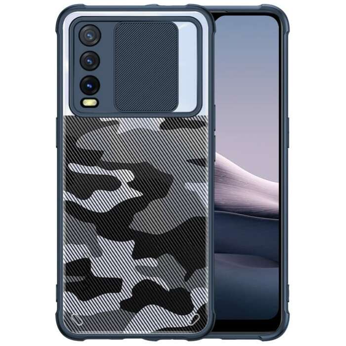 Zivite Camouflage Lens Back Cover [Military Grade Protection] Shock Proof Slim Slide Camera Lens Cover Mobile Phone Case for Vivo Y20/Y20G/Y20i/Y20A - Blue