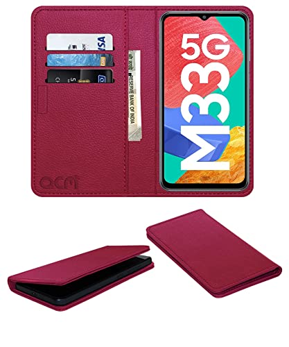 Acm Rich Leather Flip Wallet Front & Back Case Compatible with Samsung Galaxy M33 Mobile Flap Magnetic Cover Pink