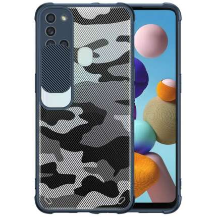 Mobirush Camouflage Lens Back Cover [Military Grade Protection] Shock Proof Slim Slide Camera Lens Cover Mobile Phone Case for Samsung Galaxy A21s - Blue