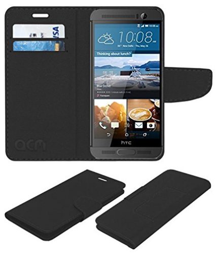 Acm Mobile Leather Flip Flap Wallet Case Compatible with HTC One M9+ Plus Mobile Cover Black
