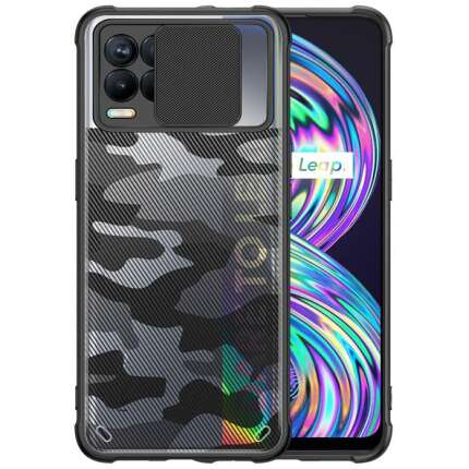 Mobirush Camouflage Lens Back Cover [Military Grade Protection] Shock Proof Slim Slide Camera Lens Cover Mobile Phone Case for Realme 8 Pro - Black