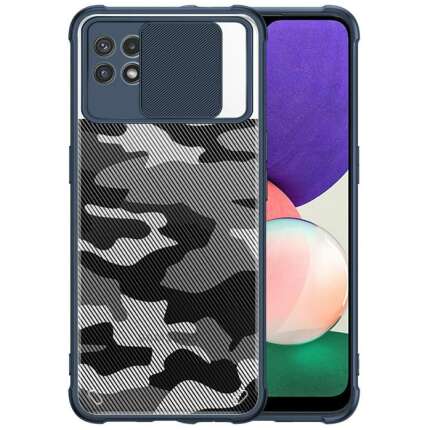 Mobirush Camouflage Lens Back Cover [Military Grade Protection] Shock Proof Slim Slide Camera Lens Cover Mobile Phone Case for Samsung Galaxy A22 5G - Blue