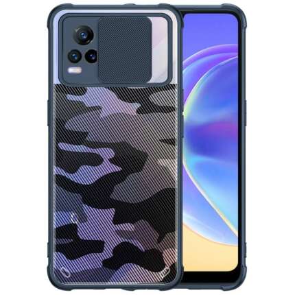 Cascov Military Grade Protection Shock Proof Slim Slide Camera Lens Cover Camouflage Lens Mobile Phone Case for Vivo Y73 / V21e 4G - Blue