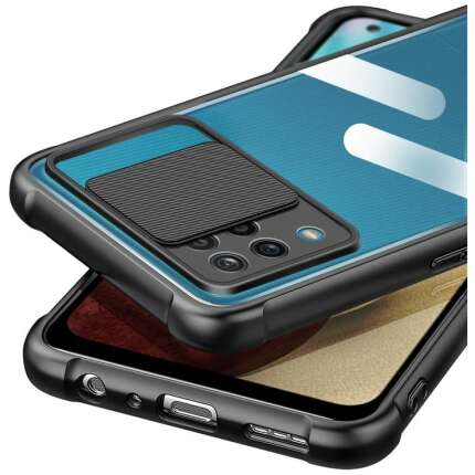 Mobirush Transparent Lens Back Cover [Military Grade Protection] Shock Proof Slim Slide Camera Lens Cover Mobile Phone Case for Samsung Galaxy A12 / M12 - Black
