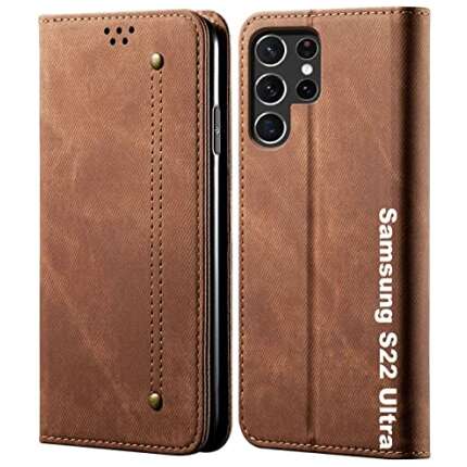 AE Mobile Accessories Denim Flip Cover for Samsung Galaxy S22 Ultra 5G Case Luxury Slim Wallet Folio Case Magnetic Closure Cover (Brown)
