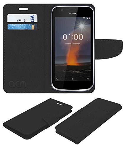 Acm Mobile Leather Flip Flap Wallet Case Compatible with Nokia 1 Mobile Cover Black