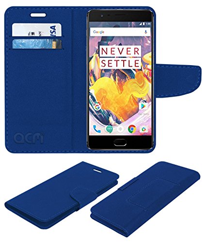 Acm Mobile Leather Flip Flap Wallet Case Compatible with Oneplus 3t Mobile Cover Blue
