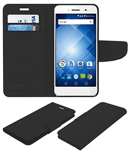 Acm Mobile Leather Flip Flap Wallet Case Compatible with Panasonic Eluga I3 Mega Mobile Cover Black