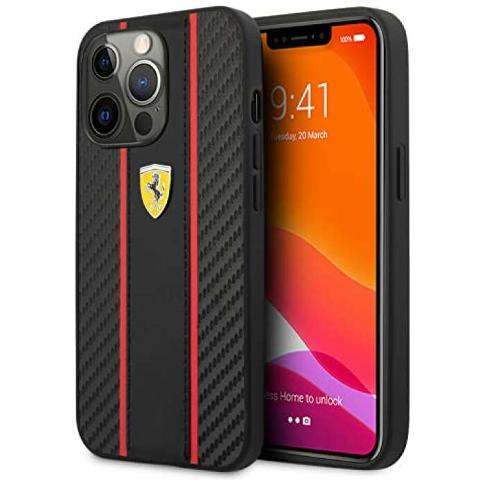 CG MOBILE Leather Black PU Carbon Design Back Cover with Central Stripe for iPhone 13 Pro Max - Ferrari