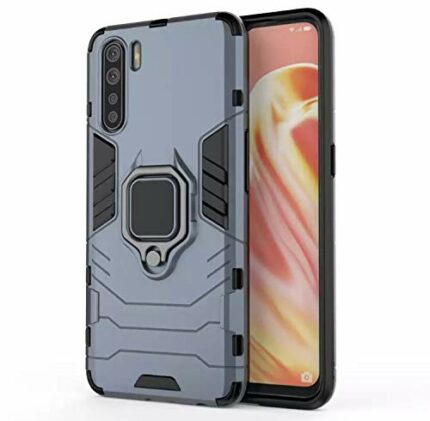 GLASLUX Armor Shockproof Soft TPU and Hard PC Back Cover Case with Magnetic Ring Holder for Oppo F15 - Armor Grey