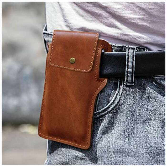 Surya Online Holster for Mobile Cell Phone Holster Leather Mobile Pouch Waist Belt Case Universal Leather Case Waist Bag Mobile Phone Holder for Men and Women Button (Tan)