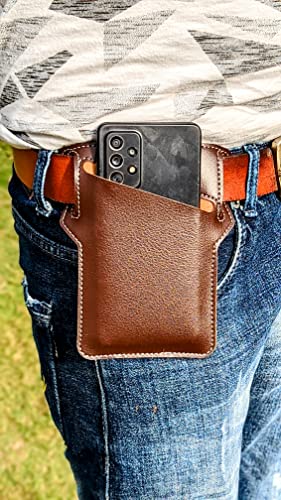 Surya Online Mobile Pouch Holster For Mobile Cell Phone Holster Universal Leather Case Waist Bag Leather Mobile Pouch Waist Mobile Phone Holder Vertical Waist Pack Waist Bag Pack for Men and Women Square (Brown)
