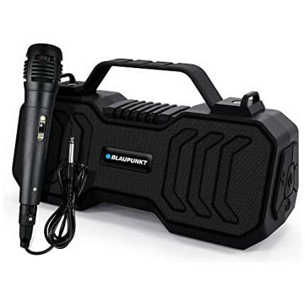 Blaupunkt Atomik BB20 Wireless Bluetooth Party Speaker 20W with Dual Passive Radiator I 1500mAh Battery I Deep Bass I Karaoke with Mic I USB I TWS I AUX I Outdoor Speaker with Carrying Strap(Black)