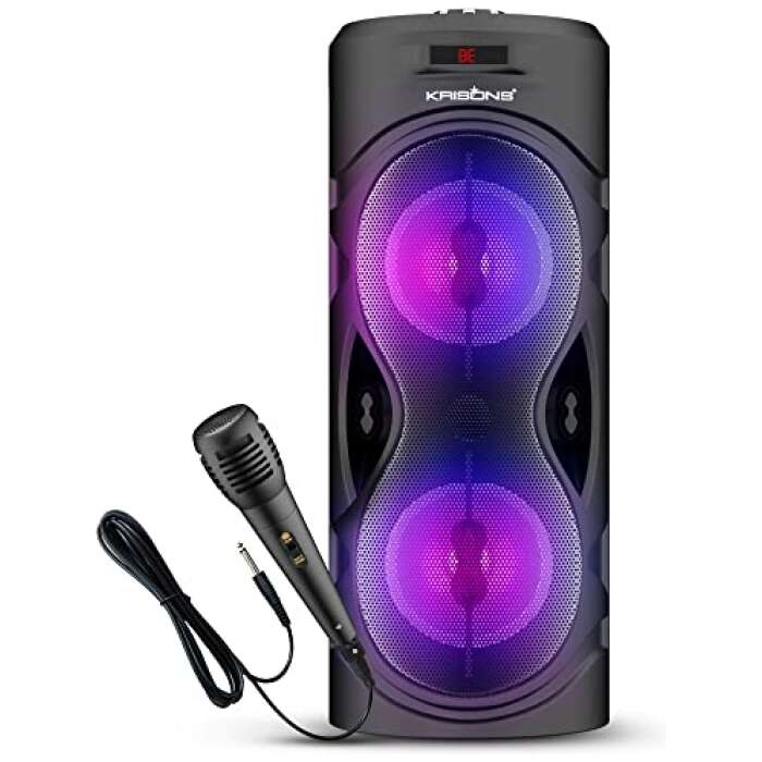 KRISONS Cylender 4” Double Woofer 30W Multi-Media Bluetooth Party Speaker with Wired Mic for Karaoke, RGB Lights, USB, SD Card and FM Radio – Black