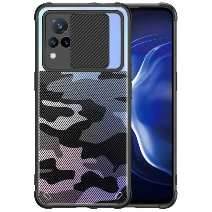 Cascov Military Grade Protection Shock Proof Slim Slide Camera Lens Cover Camouflage Lens Mobile Phone Case for Vivo V21 4G/V21 5G - Black