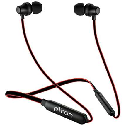 pTron Tangent Lite Bluetooth 5.0 Wireless Headphones with Hi-Fi Stereo Sound, 8Hrs Playtime, Lightweight Ergonomic Neckband, Sweat-Resistant Magnetic Earbuds, Voice Assistant & Mic - (Black & Red)