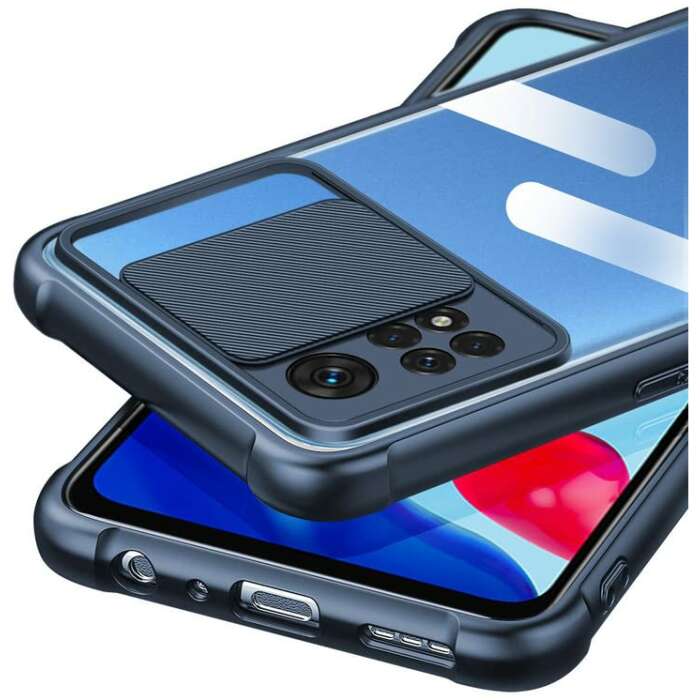 Cascov Military Grade Protection Shock Proof Slim Slide Camera Lens Cover Transparent Lens Mobile Phone Case for Redmi Note 11 5G - Blue