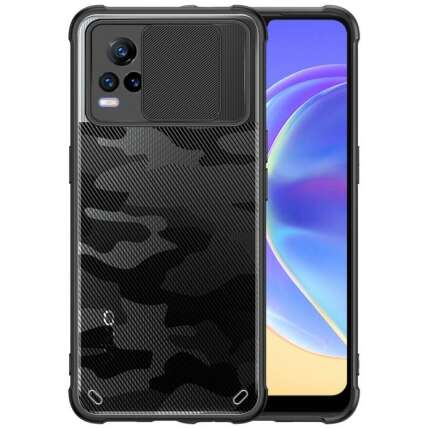 Mobirush Camouflage Lens Back Cover [Military Grade Protection] Shock Proof Slim Slide Camera Lens Cover Mobile Phone Case for Vivo Y73 / V21e 4G - Black