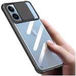 Mobirush Transparent Lens Back Cover [Military Grade Protection] Shock Proof Slim Slide Camera Lens Cover Mobile Phone Case for iPhone 12 Pro Max - Black