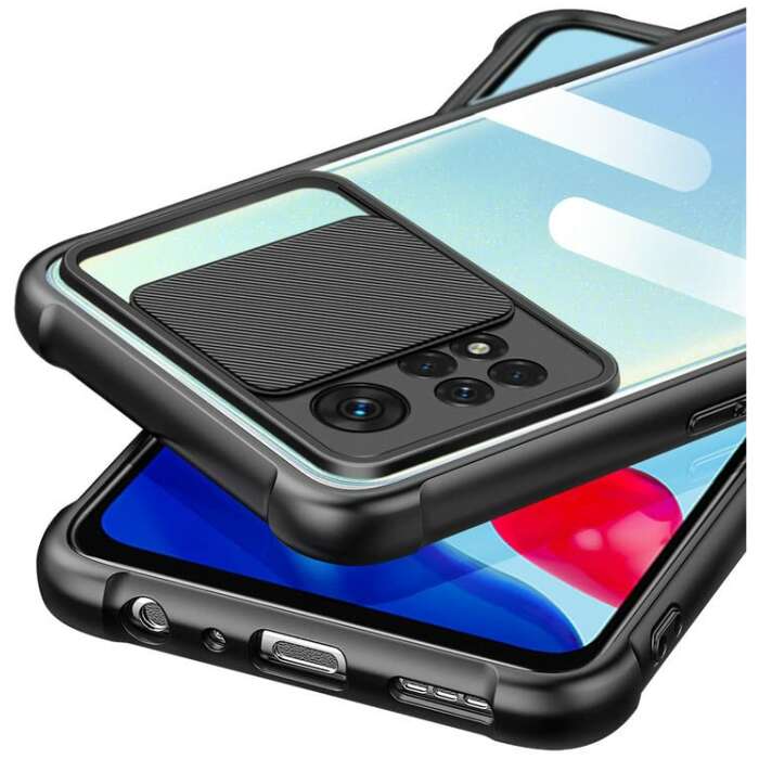 Mobirush Transparent Lens Back Cover [Military Grade Protection] Shock Proof Slim Slide Camera Lens Cover Mobile Phone Case for Redmi Note 11s - Black