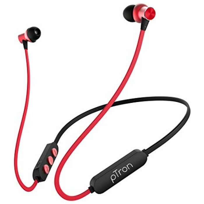 pTron Bassfest Plus Magnetic in Ear Bluetooth 5.0 Wireless Headphones with Mic, Stereo Sound with Bass, IPX4 Water & Sweat Resistant, Voice Assistance, Ergonomic & Lightweight - (Black & Red)