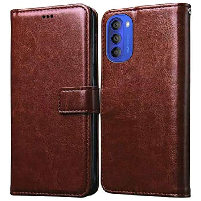 Casotec Premium Leather Kickstand Wallet Flip Case Cover with Magnetic Closure for Motorola Moto G51 5G - Brown
