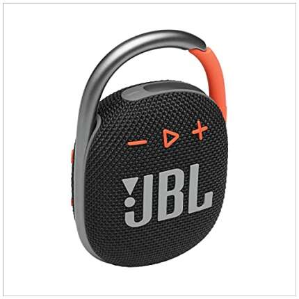 JBL Clip 4, Wireless Ultra Portable Bluetooth Speaker, JBL Pro Sound, Integrated Carabiner, Vibrant Colors with Rugged Fabric Design, Dust & Waterproof, Type C (Without Mic, Black & Orange)