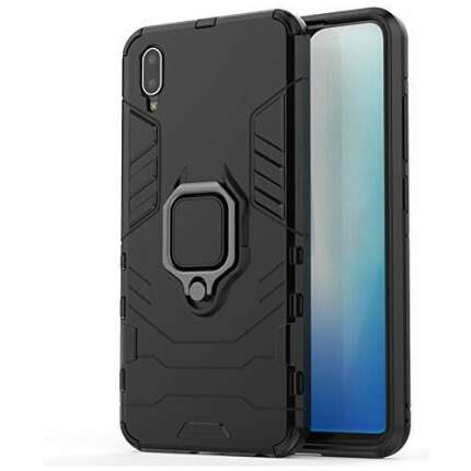 Imeigo Armor Shockproof Soft TPU and Hard PC Back Cover Case with Magnetic Ring Holder for Vivo Y91i - Armor Black