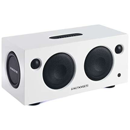 Sonodyne Malhar 180 Watts Handmade Wooden Wireless High Fidelity Music System and Bluetooth Speaker with Pristine Stereo Clarity, Optical, USB and AUX Connectivity, Duet Mode with Remote Control (White)