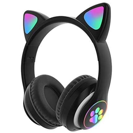 Wk Life Born To Live 2022 Updated with 5.1 Version Wk Life K8 Kids Bluetooth Wireless On Ear Headphones with Mic for Girls/Boys Cat Ear Foldable Led Light Up for Online Learning School (Black)