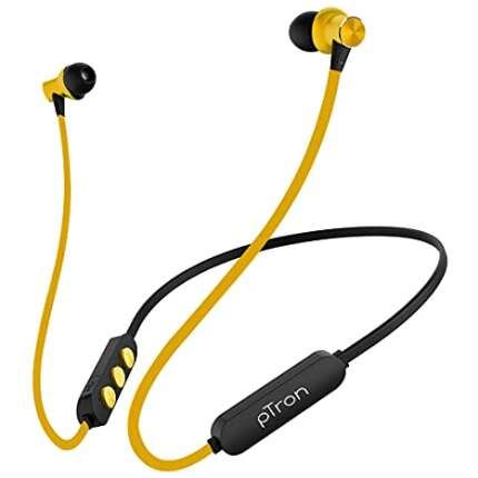 pTron Bassfest Plus Magnetic in Ear Bluetooth 5.0 Wireless Headphones with Mic, Stereo Sound with Bass, IPX4 Water & Sweat Resistant, Voice Assistance, Ergonomic & Lightweight - (Black & Yellow)