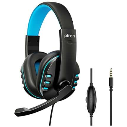pTron Soundster Arcade Over-Ear Wired Headphones, Ergonomic Headset with Mic, Adjustable Boom Mic & in-line Volume Control Wheel, Universal 3.5mm Aux & 1.3 Meter Long Tangle-Free Cable (Black & Blue)