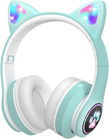 Daemon Headphones, Bluetooth Wireless Headphones for Kids Teens Adults, Over-Ear Bluetooth Headphones with Microphone, Cat Ear Headphones for Girls Women (Baby Green)