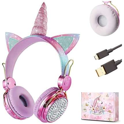 Crysendo Wireless Bluetooth Unicorn Headphones for Girls | On Ear Unicorn Earphones for Girl with Mic & 3.5mm Audio Port | Includes Extra Headphone Cushion (Wireless + Wired, Unicorn) Pink