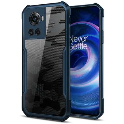 Glaslux Beetle Camouflage Slim Crystal Clear Hybrid Bumper Back Case Military Grade Protection Cover for OnePlus 10R (Blue)