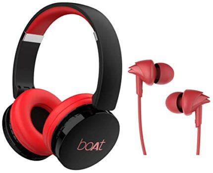 boAt Rockerz 370 On Ear Bluetooth Headphones with Upto 12 Hours Playtime, Cozy Padded Earcups and Bluetooth v5.0(Fiery Red) & Bassheads 100 in Ear Wired Earphones with Mic(Furious Red)