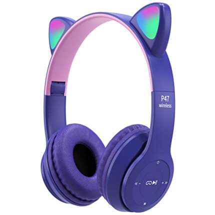 Daemon Headphones, Bluetooth Wireless Headphones for Kids Teens Adults, Over-Ear Bluetooth Headphones with Microphone, Cat Ear Headphones for Girls/Women/Kids (Baby Cat Purple)(Wireless Headphones)