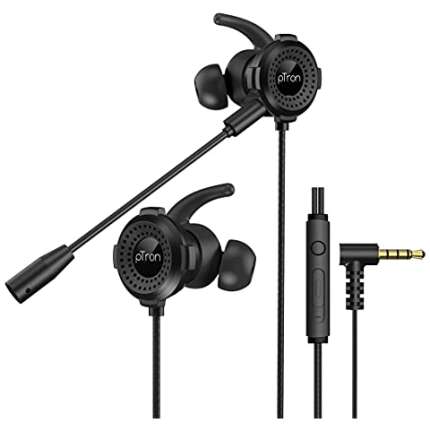 pTron Boom Gaming Wired in Ear Earphones with Mic Dual with Deep Bass Passive Noise Canceling Earphones in-line Remote Music Call Controls L-Shape 3.5mm Aux Jack 1.2Meter Tangle-Free Cable (Black)