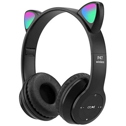 Daemon Headphones, Bluetooth Wireless Headphones for Kids Teens Adults, Over-Ear Bluetooth Headphones with Microphone, at Ear Headphones for Girls Women (Baby Cat Black)(Wireless)