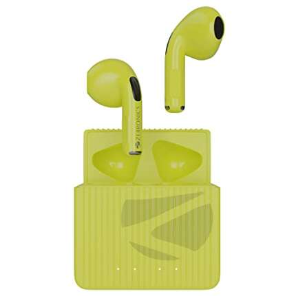 Zebronics Zeb-Sound Bomb 3 TWS earbuds with Bluetooth v5.2, up to 12H backup, Flash connect, Splash proof, voice assistant, stem touch control, 13mm driver, built in microphone and Type C(Neon Yellow)