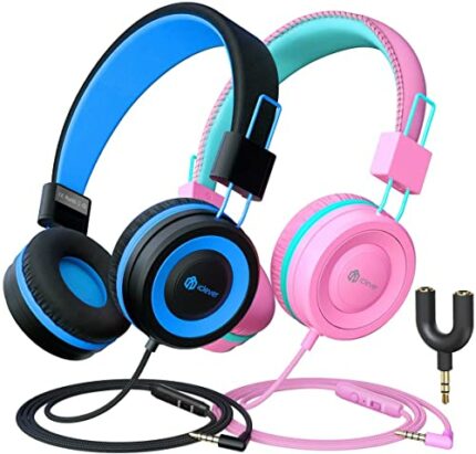 [2 Pack] iClever Headphones for Girls, Kids Headphones with Microphone, Safe Volume Limited 85dB/94dB Sharing Splitter, Wired Headphones for Kids Boys Girls, Foldable Headphones for Online School/Travel/iPad, Black&Pink